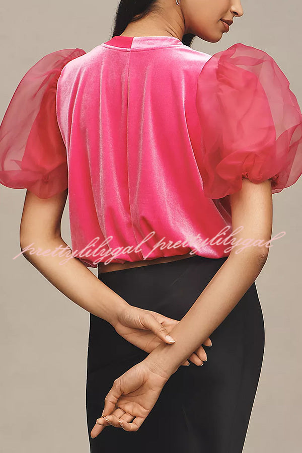 Blissful Smile Velvet Tulle Puff Sleeve Loose Blouse