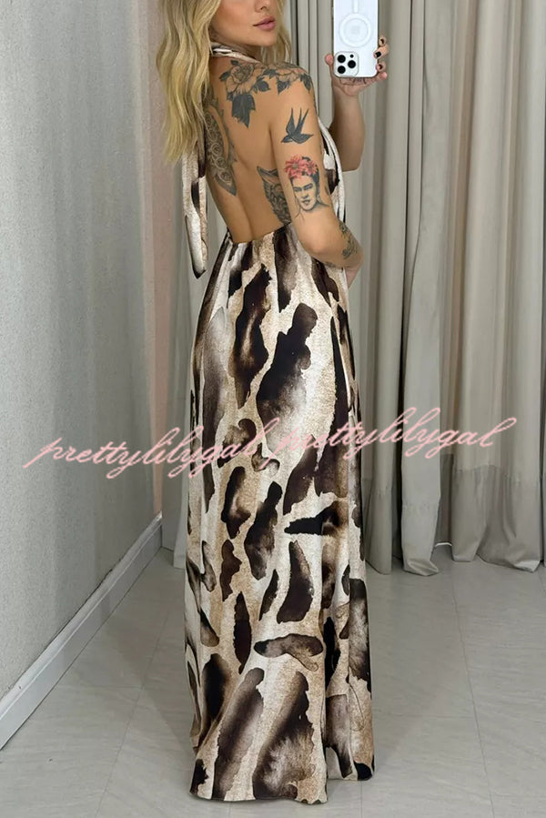 Leopard Print Sexy Halter Neck Backless Loose Maxi Dress