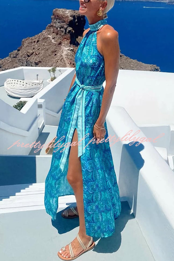 Unique Print Sexy Off-the-shoulder Waist Tie Slit Holiday Midi Dresses
