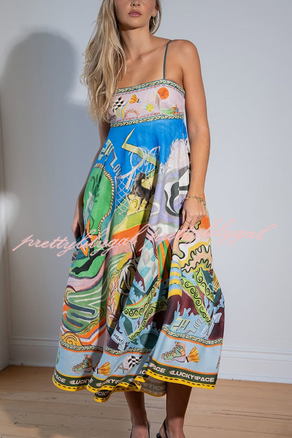 Linen Blend Unique Print Suspenders Back Pleated Pocket Resort Style Maxi Dress