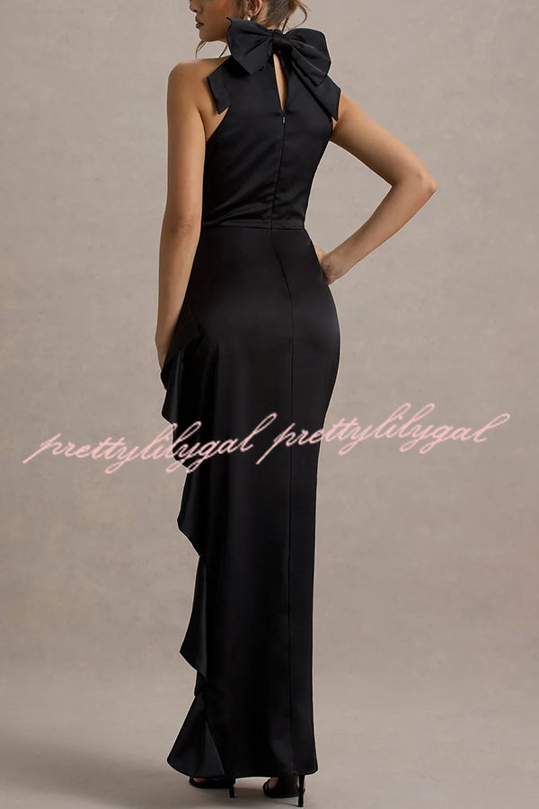 Maureen Satin High Neck Ruched Ruffle Slit Draped Maxi Dress