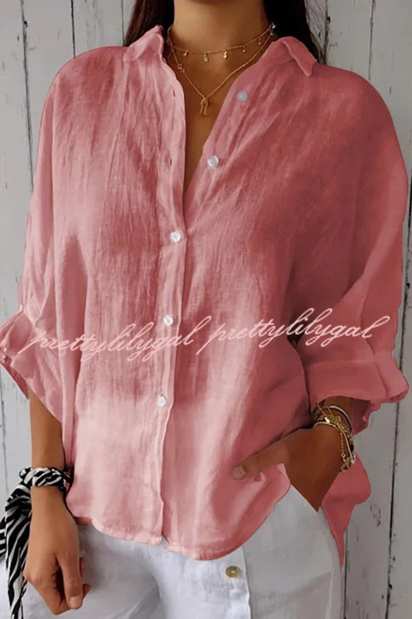 Linen Blend Solid Color Tie Back Loose Shirt Top