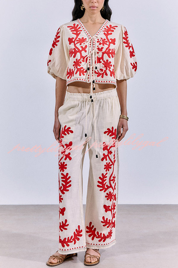 Till Sunset Linen Blend Unique Print Elastic Waist Pocket Wide Leg Pants