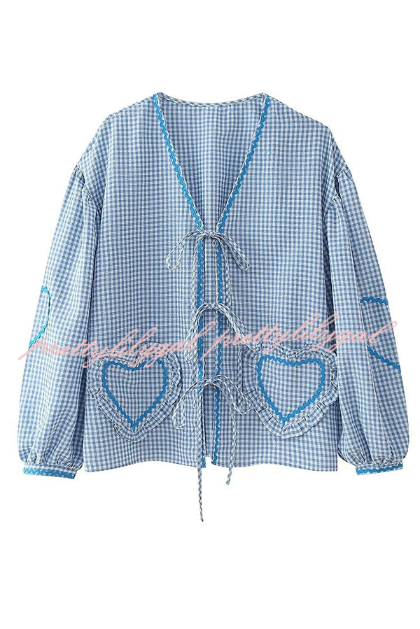 Lovely Plaid Heart Pattern Casual Lace-up Pocket Loose Shirt