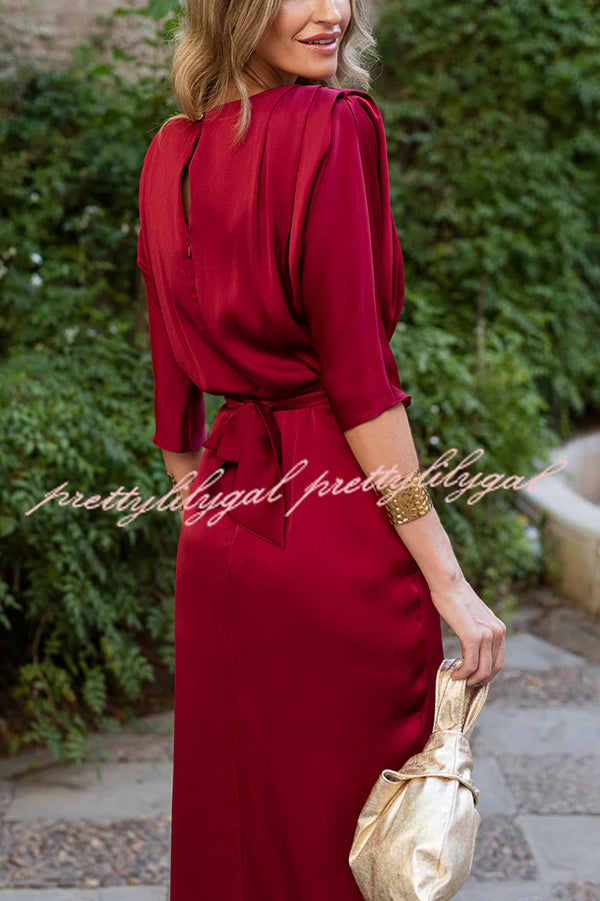 Satin Solid Color Round Neck Half Sleeve Waist Midi Dress