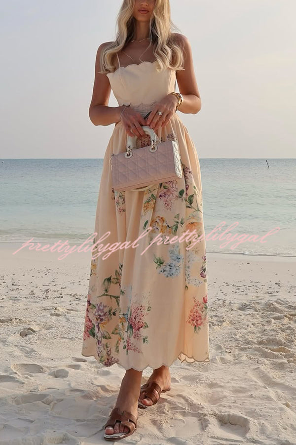 Cabo Sunsets Floral Print Petal Trim Back Lace-up Midi Dress