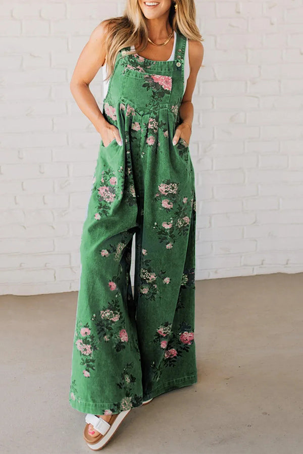 Fashion Floral Print Casual Button Pocket Loose Denim Overalls