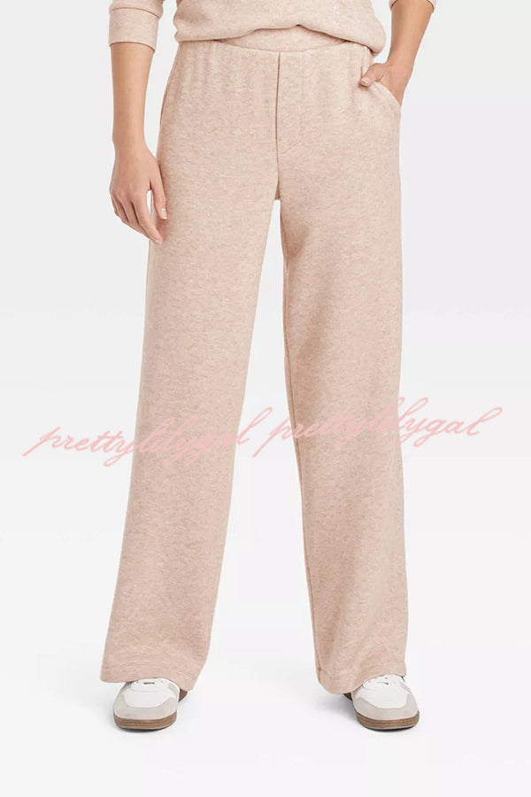 Oatmeal Morning Solid Color V-neck Sweatshirt and Elastic Waist Pocketed Lounge Pants Set