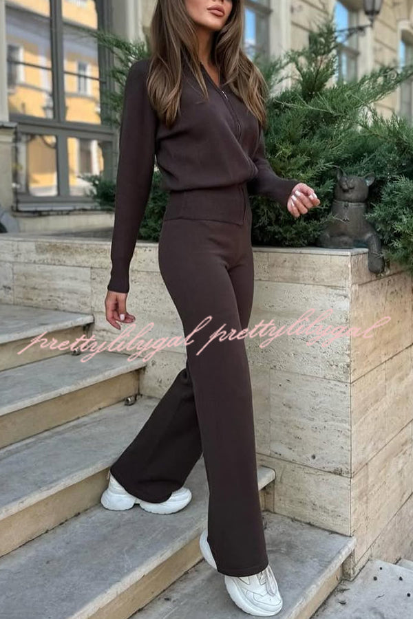 Cozycore Knit Zipper Long Sleeve Cardigan and Stretch Wide Leg Pants Set