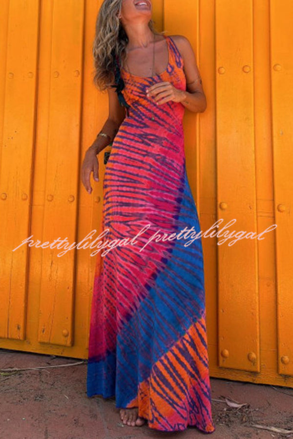 La Bamba Tie-dye Print Back Lace-up Stretch Maxi Dress