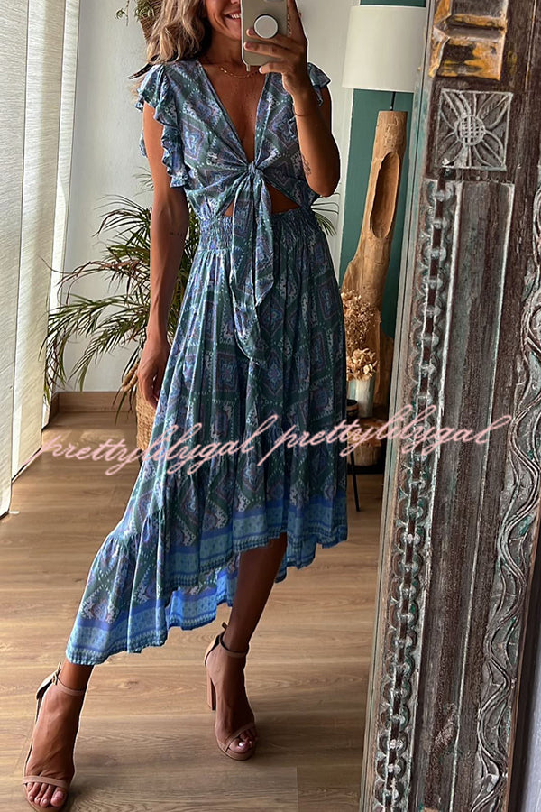 Libby Hippie Boho Printed Tie Front Ruffle Sleeve Smocked Waist Midi Dress