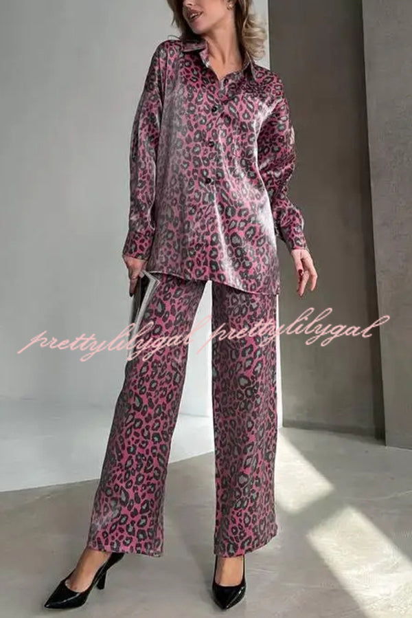 Leopard Print Long-sleeved Casual Top and Loose Elastic Waist Tie Pants Set