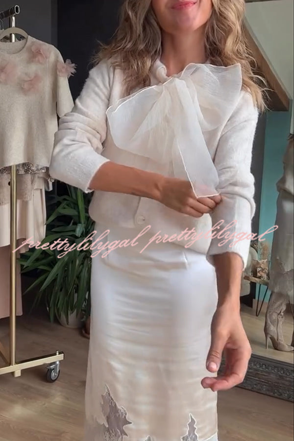 Orozco Knit Organza Bow Button-down Long Sleeve Loose Cardigan