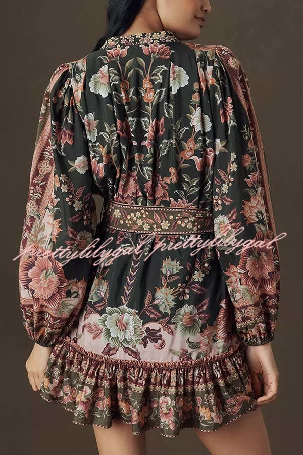 Brazilian Style Unique Floral Print Puff Sleeve Belted Pleated Hem Mini Dress