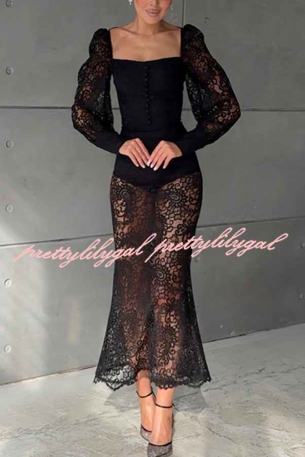 Timeless Moment Floral Lace Square Neck Button Up Balloon Sleeve Top