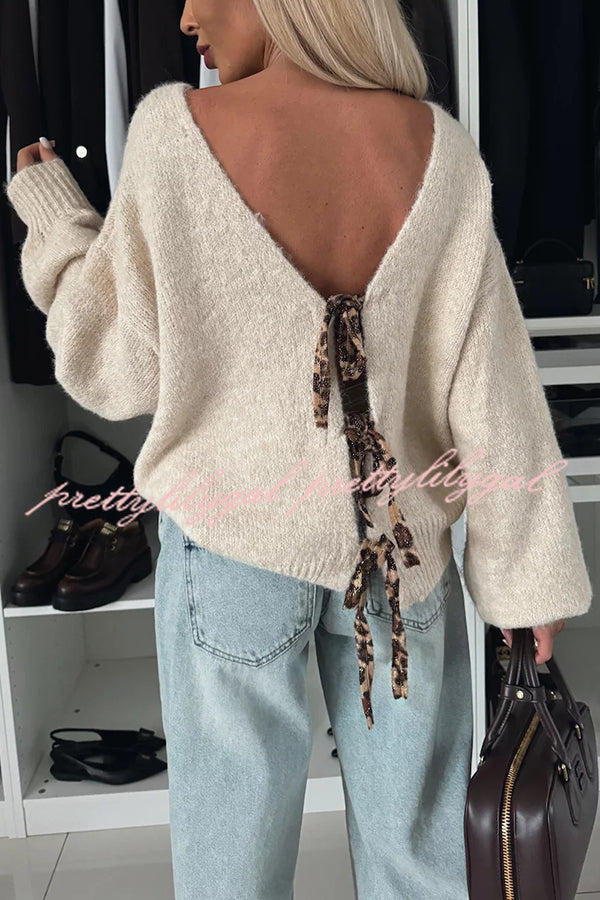 Fashionable Charm Knit Back Leopard Print Bow Tie-up Relaxed Sweater