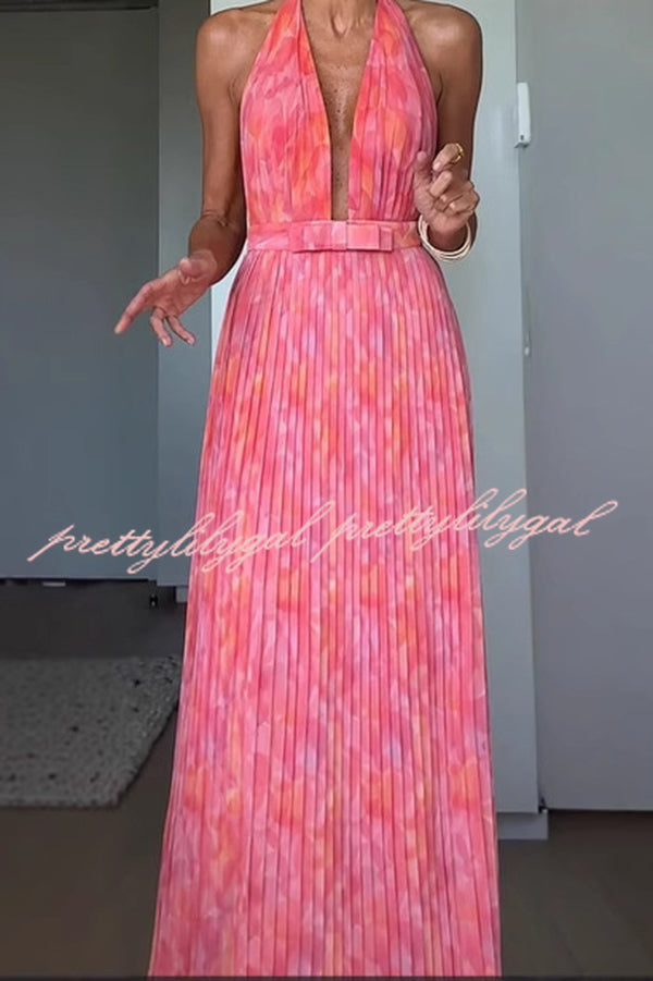 Unique Print Sexy Halter Neck Tie Pleated Vacation Maxi Dress