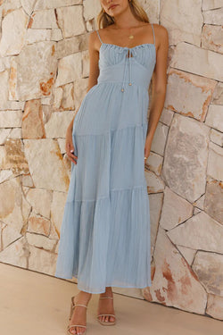 Solid Color Sleeveless Suspender Pleated Back Maxi Dress