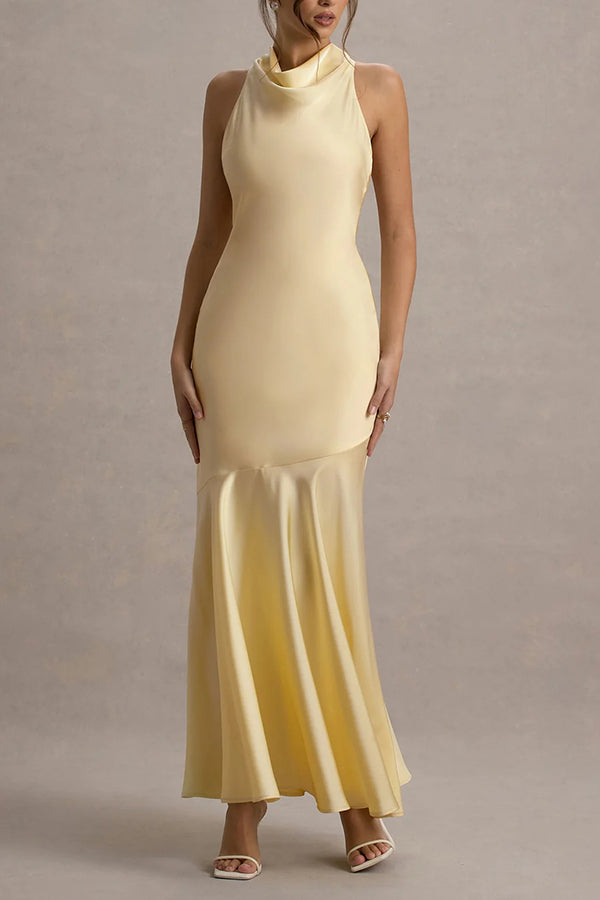 Timeless Sophistication Satin Cowl Detail Back Self-tie Halter Neck Maxi Dress