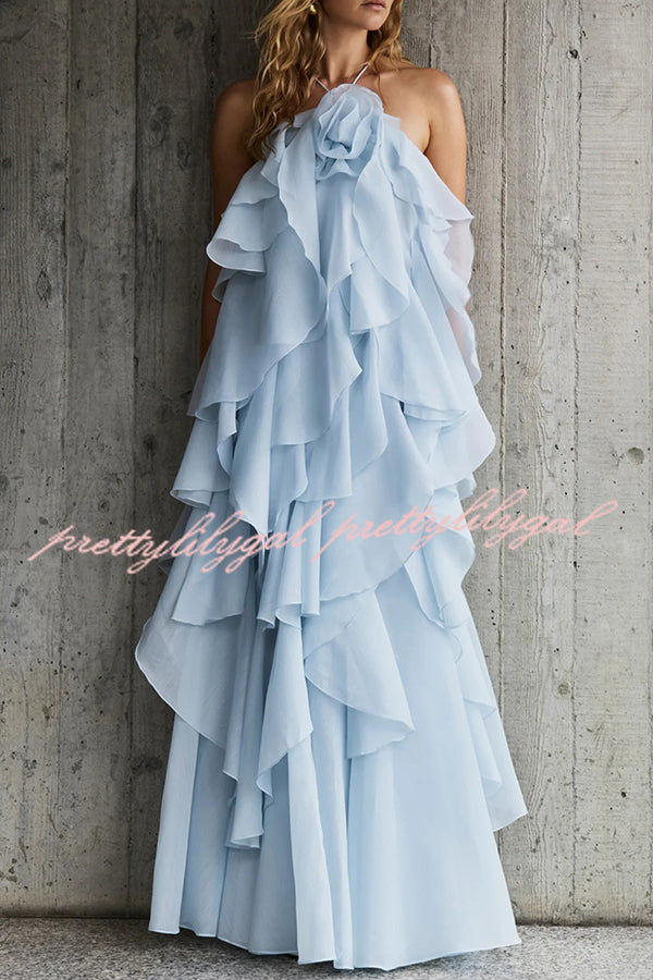 Free - Flowing Rose Detail Tiered Ruffles Halter A-line Maxi Dress