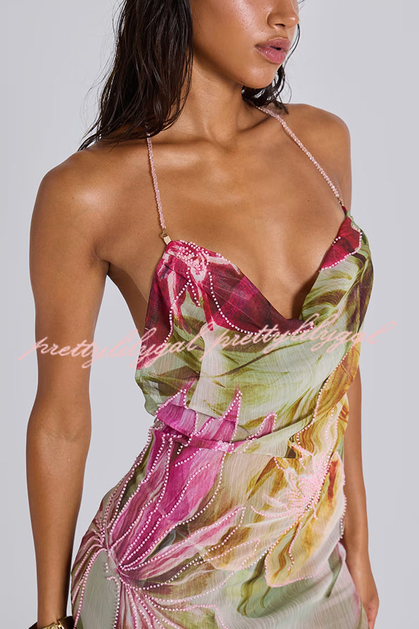 Floral Print Sexy Backless Slit See-Through Holiday Maxi Dress