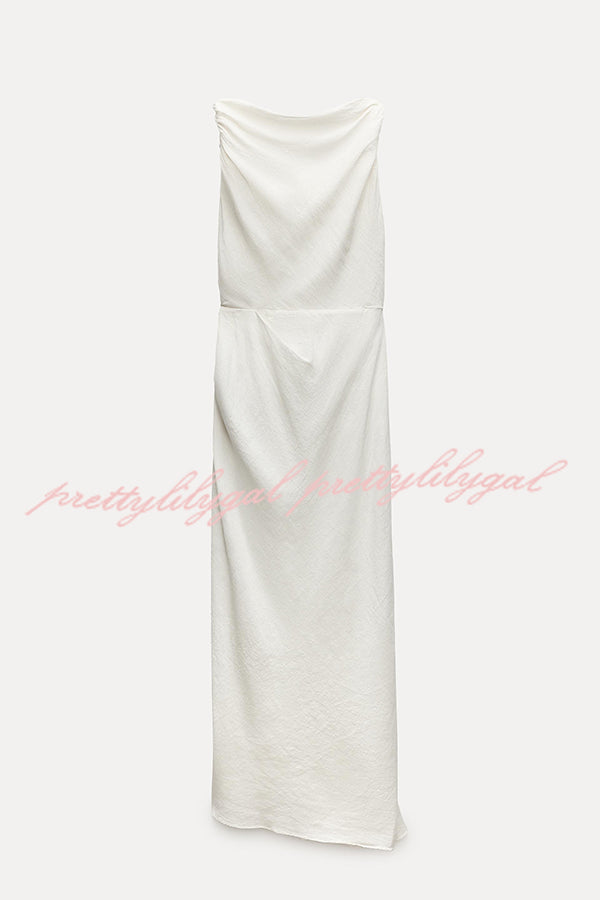 Sculptural Effect Linen Blend Twisted Shoulder Strap Drape Maxi Dress