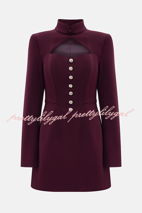 Elegant Long-sleeved Hollowed-out Button-down Slim-fit Mini Dress