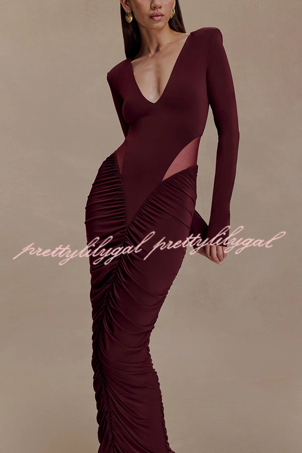 Sexy See-through Long-sleeved V-neck Pleated Slim-fit Maxi Dress
