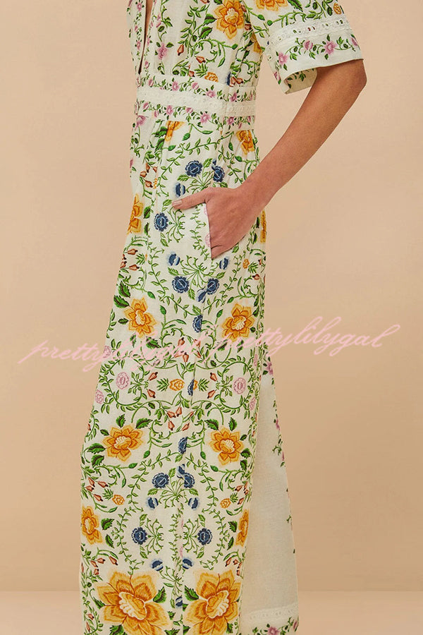Natural Charm Linen Blend Floral  Print Short Sleeve Pocketed Wide Leg Jumpsuit