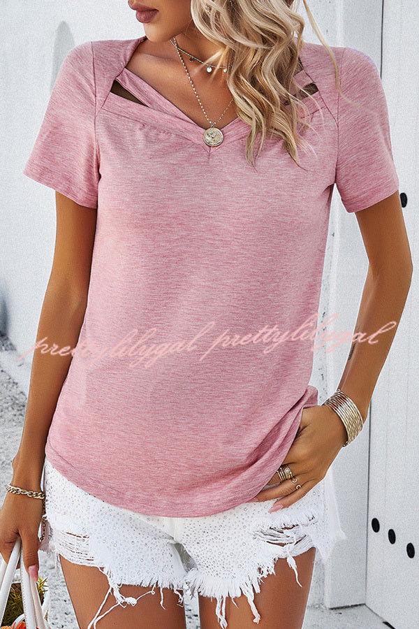 Casual Solid Color Short Sleeved V Neck Hollow T-Shirt