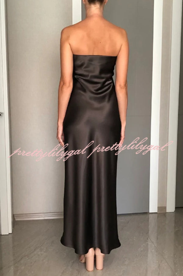 Satin Solid Color Elegant Strapless Slim Maxi Dress