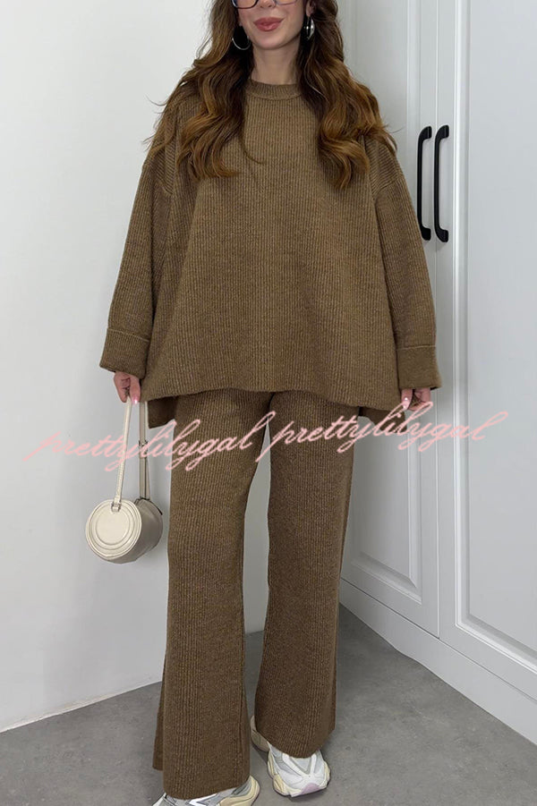 Solid Color Loose Long-sleeved Knit Top and Elastic Waist Casual Straight Leg Pants Set