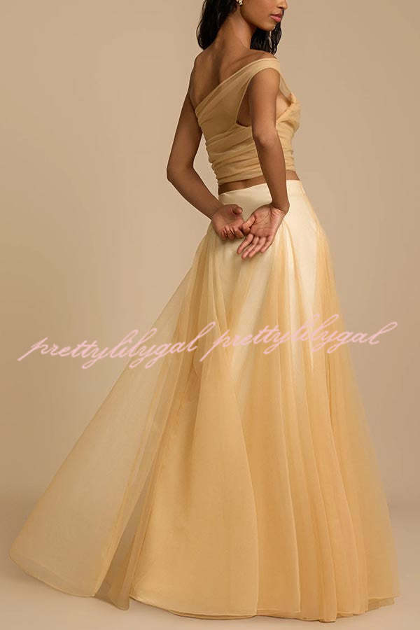 Romance Factor Satin Patchwork Tulle High Rise Elastic Waist A-line Maxi Skirt