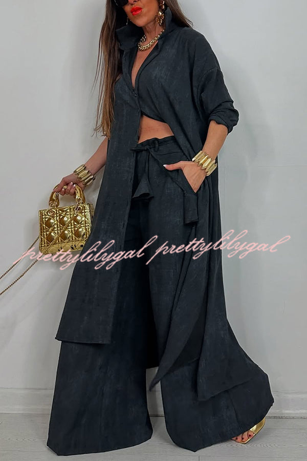 Solid Color Casual Loose Long Shirt and Elastic Waist Pocket Wide Leg Pants Set