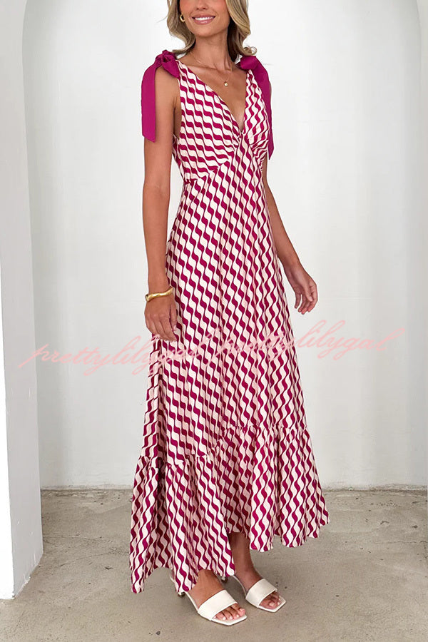 Unique Printed V-neck Sleeveless Lace-up Waist Maxi Dress