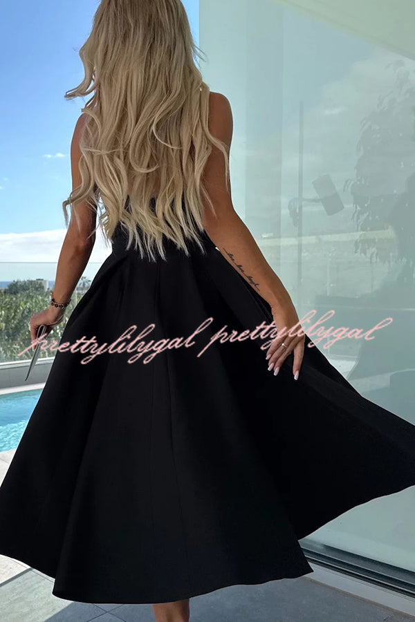 Sweet Cascade Solid Color Off Shoulder Pocket Full Hem Midi Dress