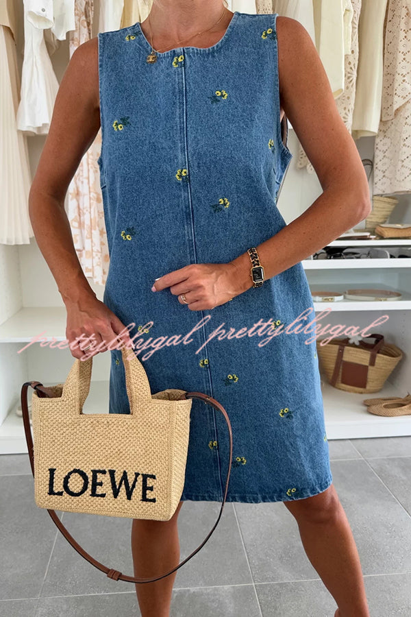Floral Print Round Neck Sleeveless Loose Denim Mini Dress