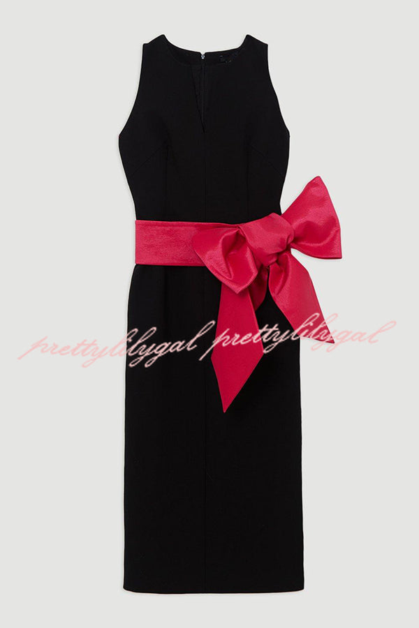 Clean Tailored Taffeta Contrast Oversized Bow Tie Waist Midi Dress