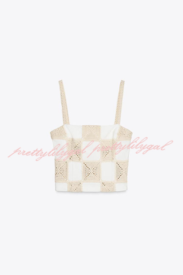 Angie Contrast Patchwork Crochet Appliqué Strap Tank Top