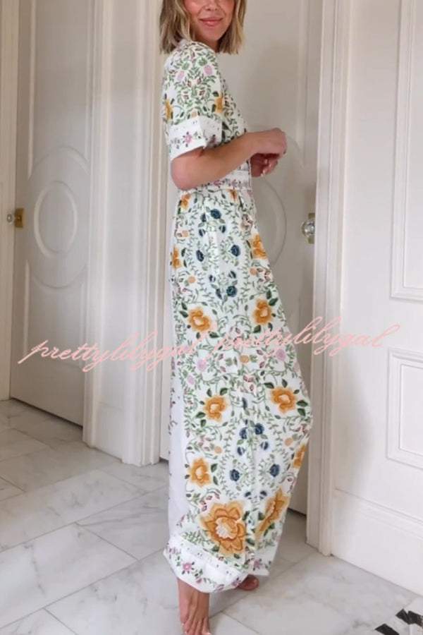 Natural Charm Linen Blend Floral  Print Short Sleeve Pocketed Wide Leg Jumpsuit