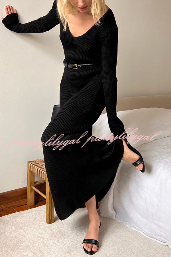 Solid Color V-neck Long-sleeved Slim-fit Elegant Knit Maxi Dress