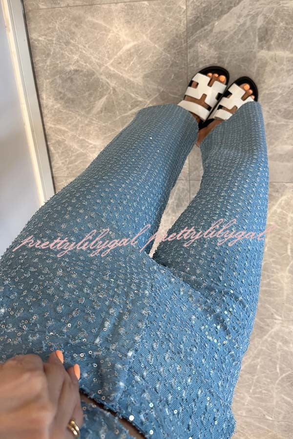 Fashionable Look Denim Sequin Textured High Rise Pocket Straight Jeans