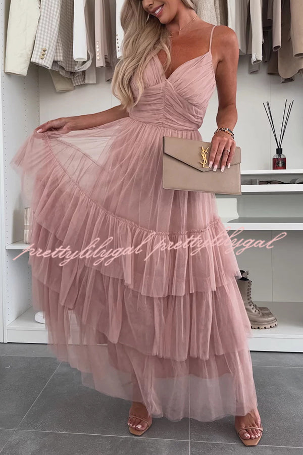 Romantic Movie Tulle Ruched Tiered Hem Slip Maxi Dress