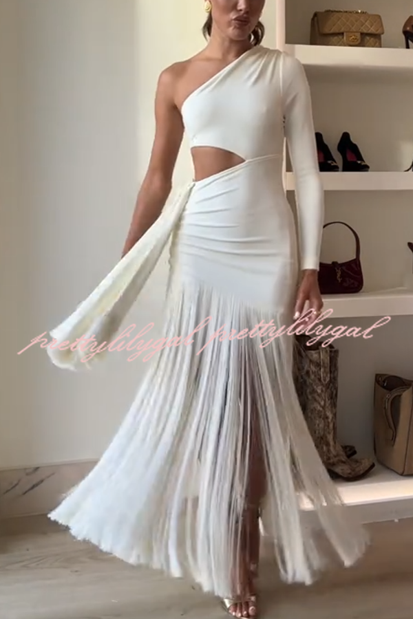 Amazing Type One Shoulder Cutout Drape Tassle Trim Stretch Maxi Dress