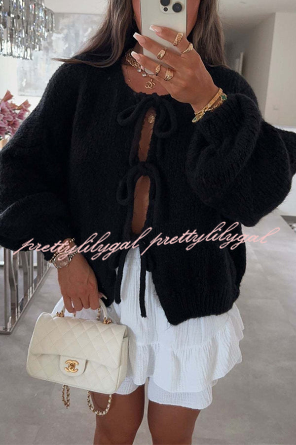 Solid Color Long-sleeved V-neck Lace-up Loose Knitted Sweater