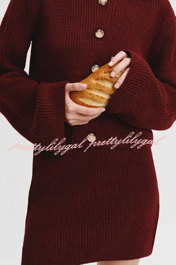 Fashion Lapel Bell Sleeve Knitted Cardigan and Casual Mini Skirt Set