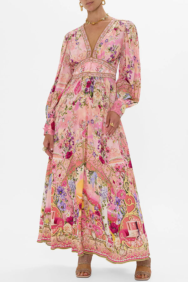 Fairy Tale Print V-Neck Lantern Sleeve Waist Maxi Dress