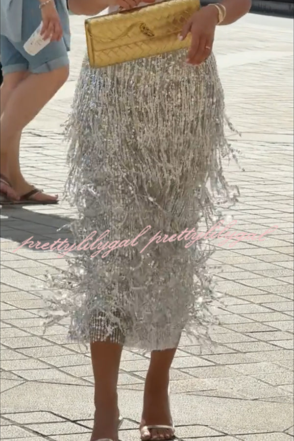 Evening Charm Layered Sequined Tassels High Rise Back Zipper Slit Midi Skirt