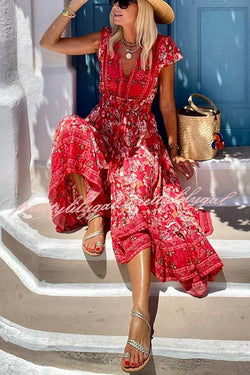 Summer in Greece Boho Print Ruffle Sleeve Elastic Waist High-low Midi Dress