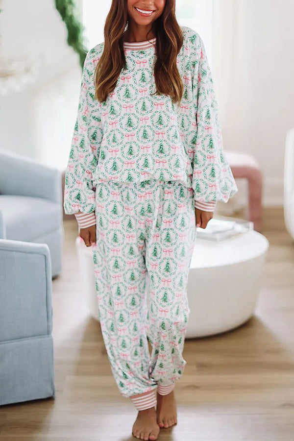 Christmas Print Loose Long-sleeved Top and Elastic Waist Casual Pants Set